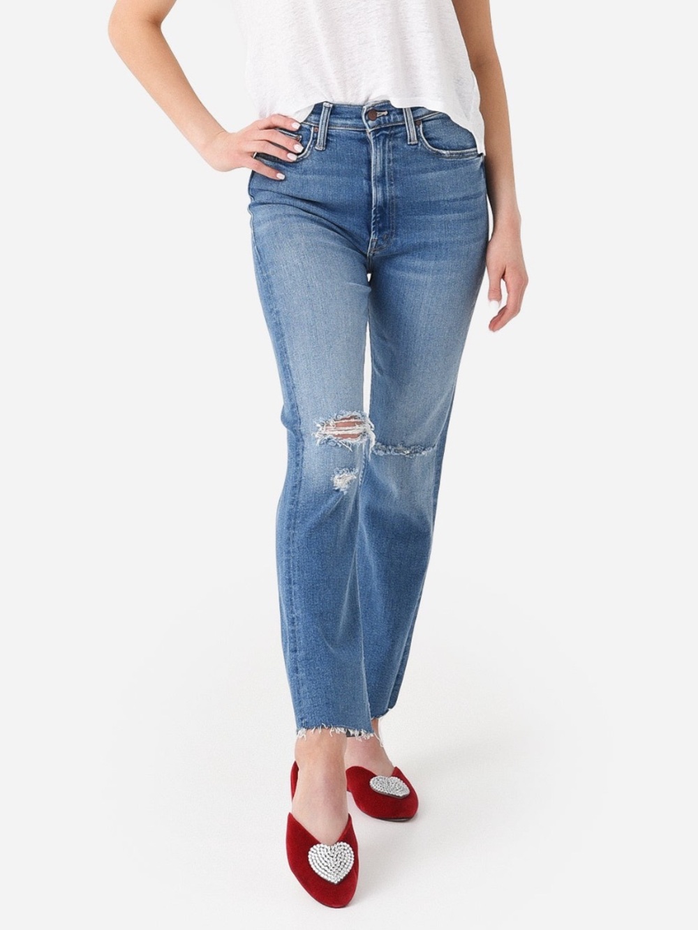 MOTHER Straight-Leg Jeans in Medium Blue with Knee Distress